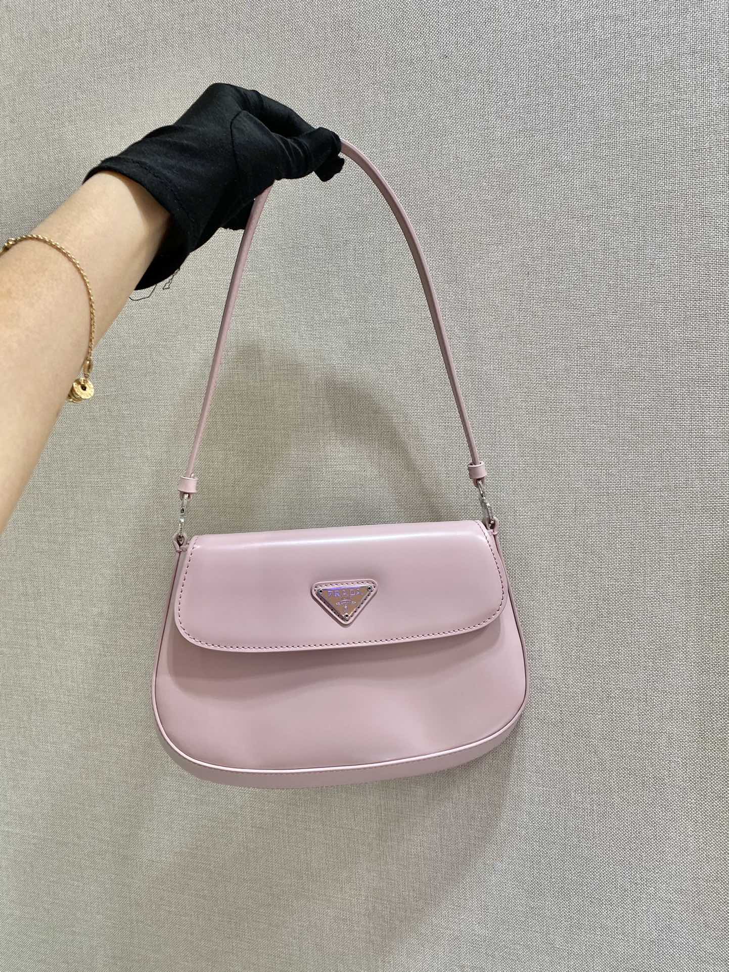 Prada Cleo Brushed Leather Shoulder Bag With Flap Light Pink 1BD311